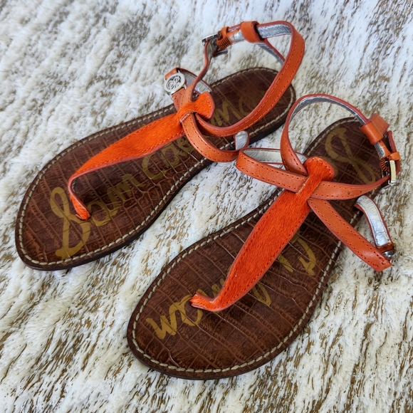 Sam Edelman "Galia" Orange Brahma Cow Hair T-Strap Sandal Thong | Women's Size 6 - Picture 3 of 9